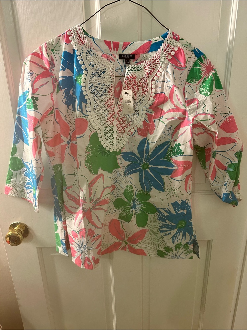 Talbots Pink Floral Crochet-Trim Top